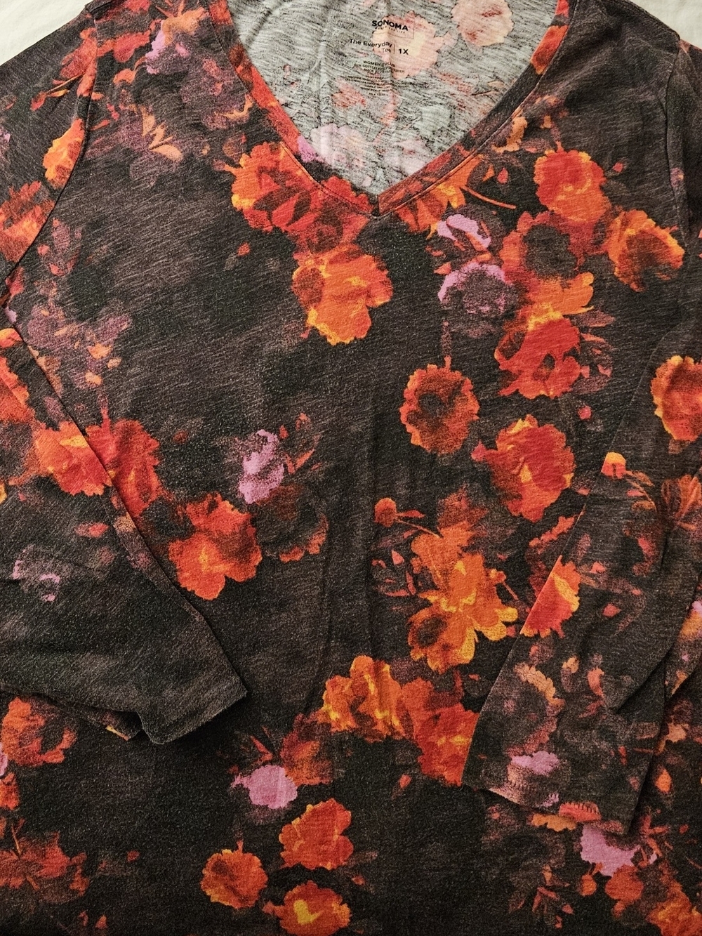 (3)Sonoma Black Floral V-Neck Long Sleeve Tops - Colors Of The Sea, Fire, & Pink